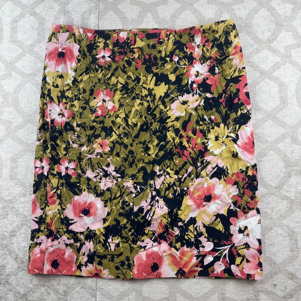 J. Jill Floral Pencil Skirt Womens 10 Green Pink NWT Stretch Cotton Side Zip